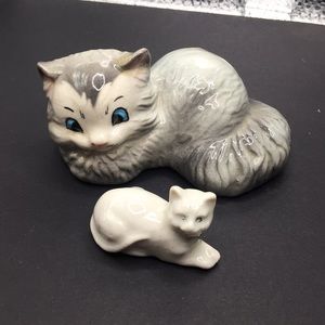 Vintage gray porcelain cat and white cat